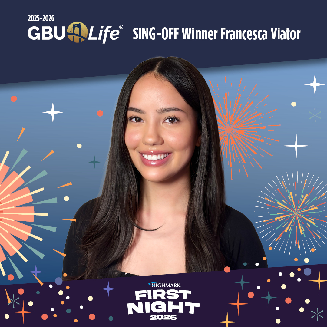 A smiling woman with long dark hair poses in front of colorful fireworks and stars. Text above her reads “2025-2026 GBU Life Sing-off Winner Francesca Viator.” Highmark First Night 2026 appears at the bottom.